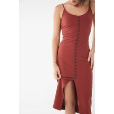 UO Jennifer Ribbed Button Down Dress Burnt Red Midi Bodycon Cami S