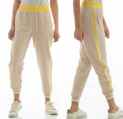 ZARA BEIGE JOGGING TROUSERS PANTS YELLOW SIDE STRIPES SZ S Waist 28'' #1869S