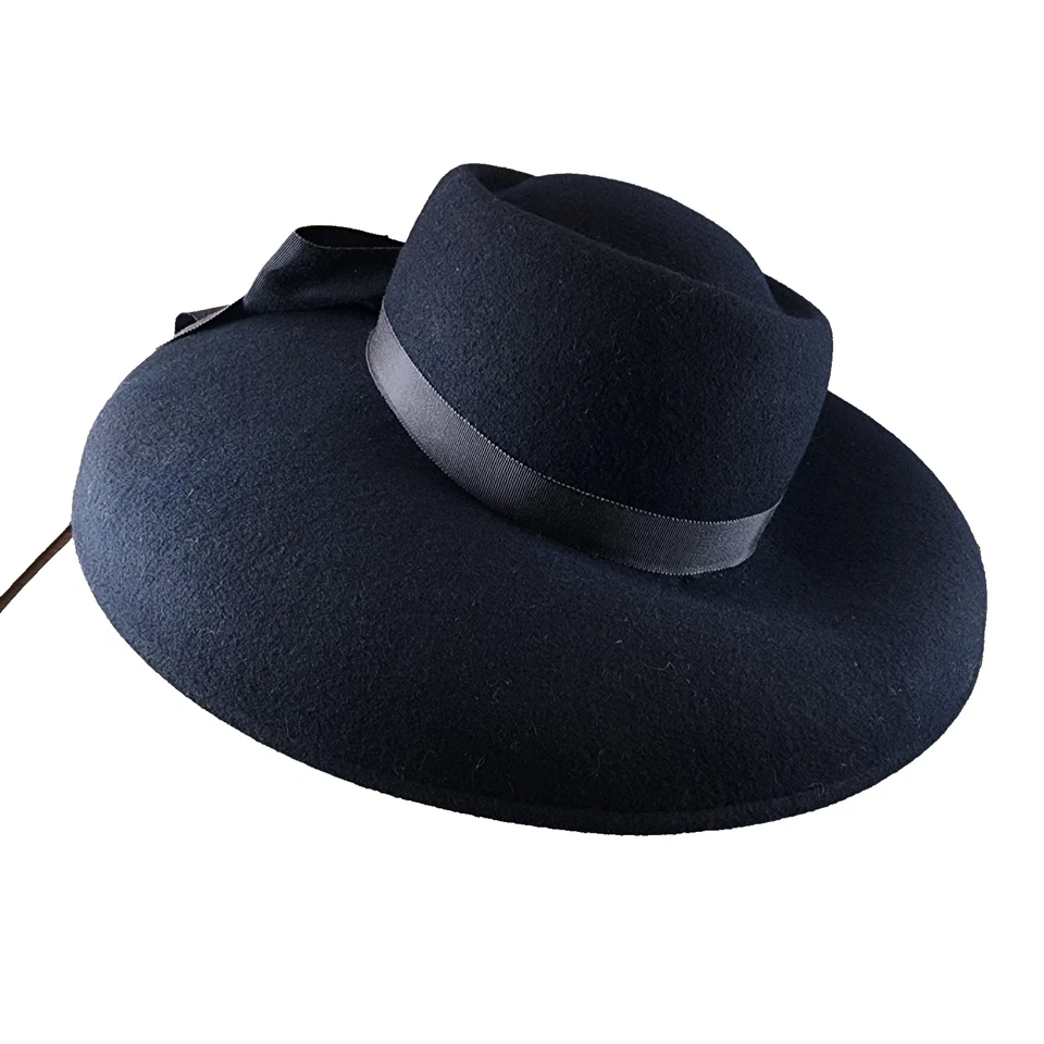 Michael Howard 100% Wool Georgi Black Hat Satin Bow 55cm Vintage - Image 4 of 4