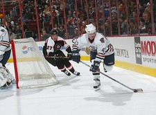 Marc Andre Bergeron Edmonton Oilers skates with the puck at - Ice Hockey Photo