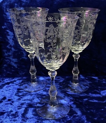 (3) VTG Fostoria NAVARRE Clear 7.75  Etched Crystal Water/Wine Goblets EUC -Nice