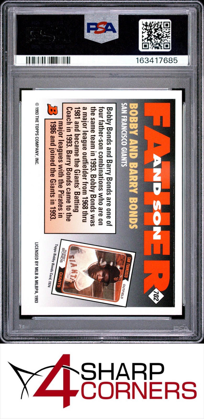 1993 BOWMAN FOIL #702 BOBBY BONDS-BARRY BONDS PSA 10 view 2