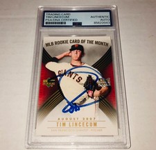 Tim Lincecum 2007 Upper Deck MLB Rookie Card Of The Month Signed Card Auto PSA B