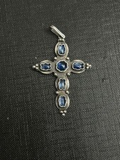 Très Beau Vieux Pendentif, Croix, 925 Argent Avec Des Pierres Taillées, Bleu