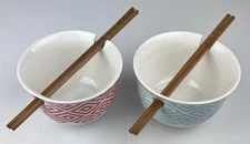 Set of 2 Rice/Noodle/Soup Bowls Chopstick Holder Modern Graphic
