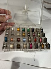 Vtg Set of 32 Sewing Bobbins In Case - 31 Metal, Used - Most Have Thread