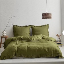Moss Green Ruffle Linen Bedding Cover set, King Comforter Cover with Pillowcase