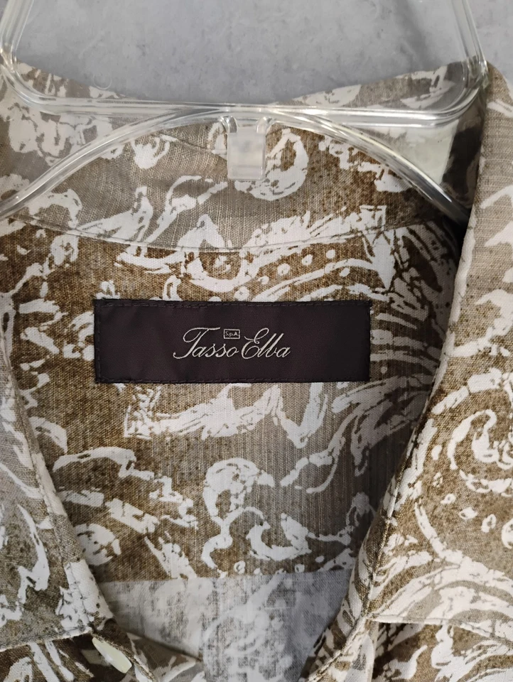 Camisa grande para hombre Tasso Elba marrón seda mezcla de lino manga corta informal abotonada Foto 4 de 4