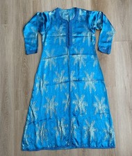 Vintage Hand Maid Moroccan Blue/Gold Starburst Shimmery Embroidered Kaftan S-M