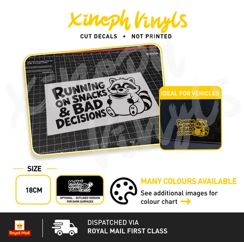 Racoon running on snacks bad decisions vinyl sticker decal funny van Car Window