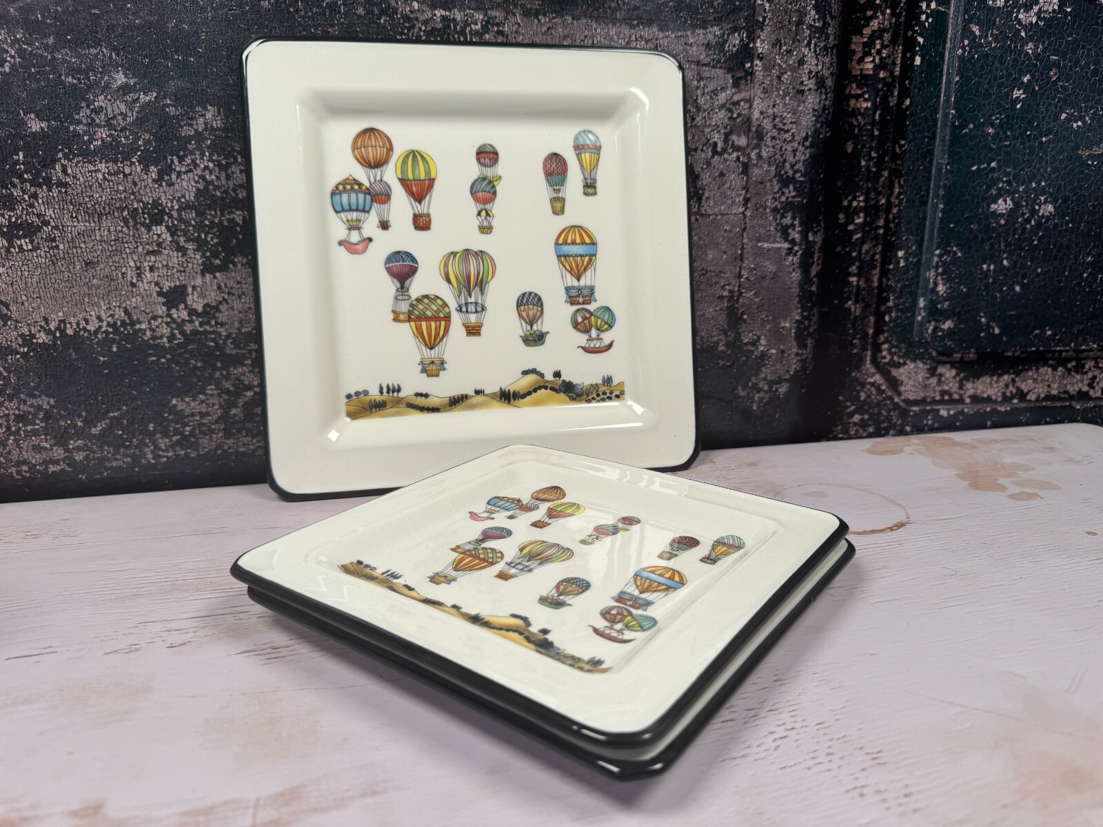 Vintage Brunelli White Square 3of Set Ceramic Plate With Hot Air Balloon Design