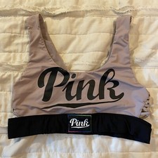 Victorias Secret Pink Ultimate Sports Bra Medium Taupe Spellout Strappy Cutouts