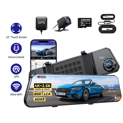 AZDOME 2CH 12''4K+2.5K Rückspiegel Dashcam 5GWiFi GPS Parkmodus WDR&Hardwire-Kit