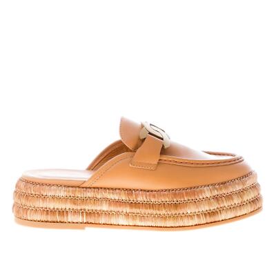 TOD'S damen schuhe Naturbraun slip on flatform mules Kate golden metallkette