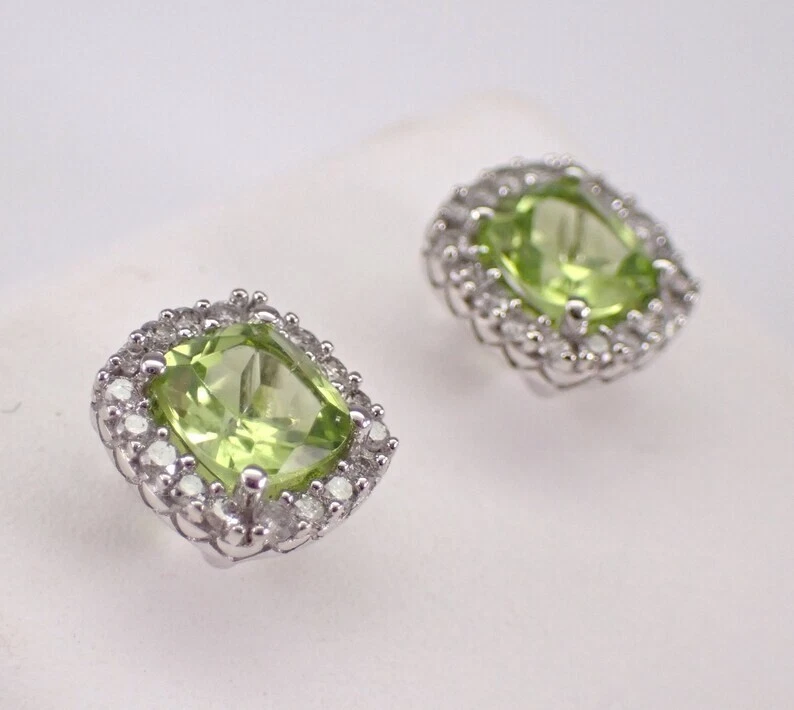 2.00Ct Cushion Cut Lab-Created Green Peridot Stud Earrings 14K White Gold Plated - Image 2 of 4
