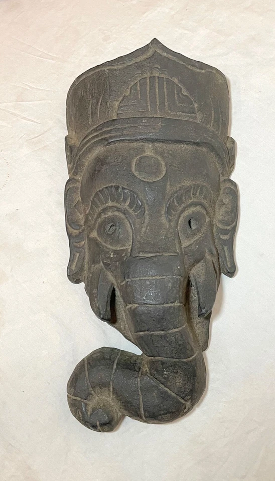 antique 19th century hand carved Myanmar Burmese wood Ganesha mask with wax seal - Image 2 of 4