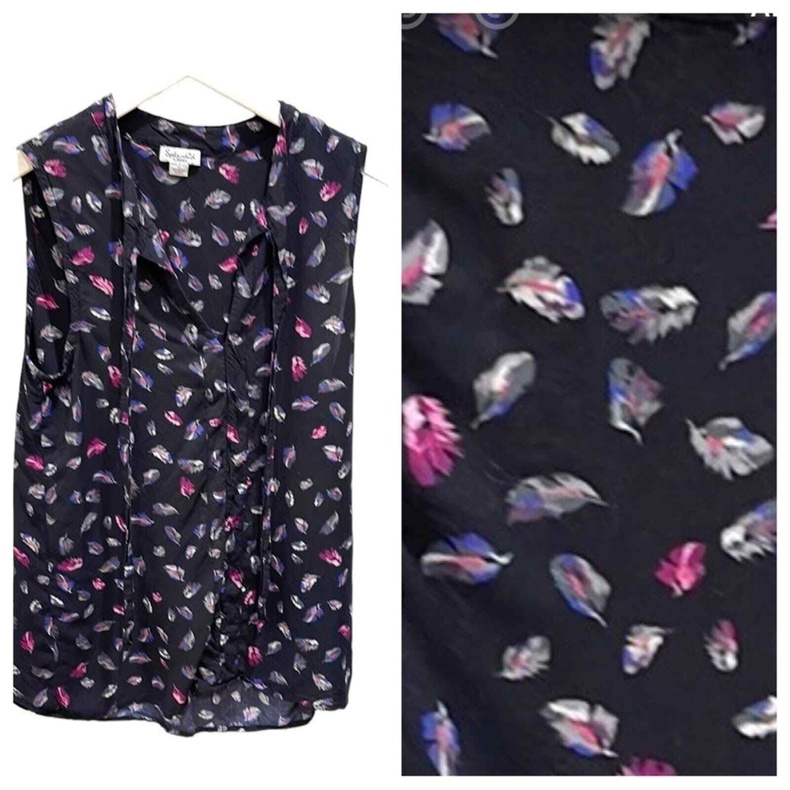 Splendid Feather Print Split Neck Sleeveless Top … - image 1