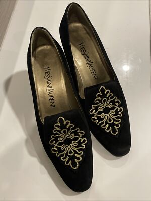 YSL Yves Saint Laurent Suede Shoes Size 35,5 Black gold embroidery Vintage 