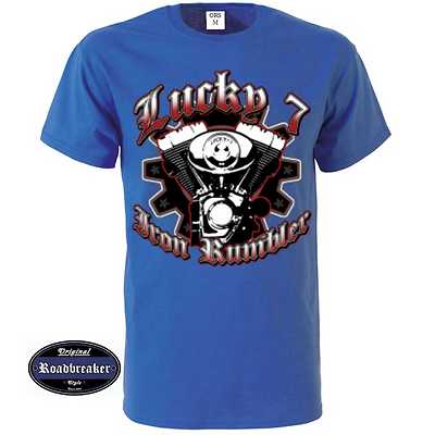 T Shirt royalblau Vintage Biker&OldSchoolmotiv M-XXL Modell Lucky 7 Iron