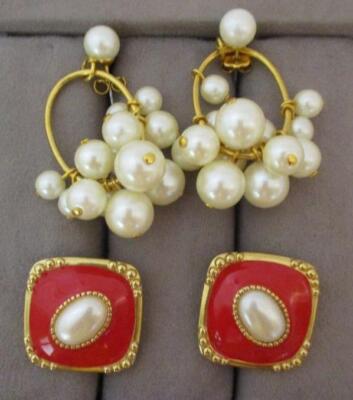 Lot 80s Avon Pearl Dangle Cluster Hoops Red Pearl Square Museum Expressions