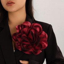 Large Burgundy Satin Flower Brooch Pin 7.67" Statement Peony Corsage Wedding