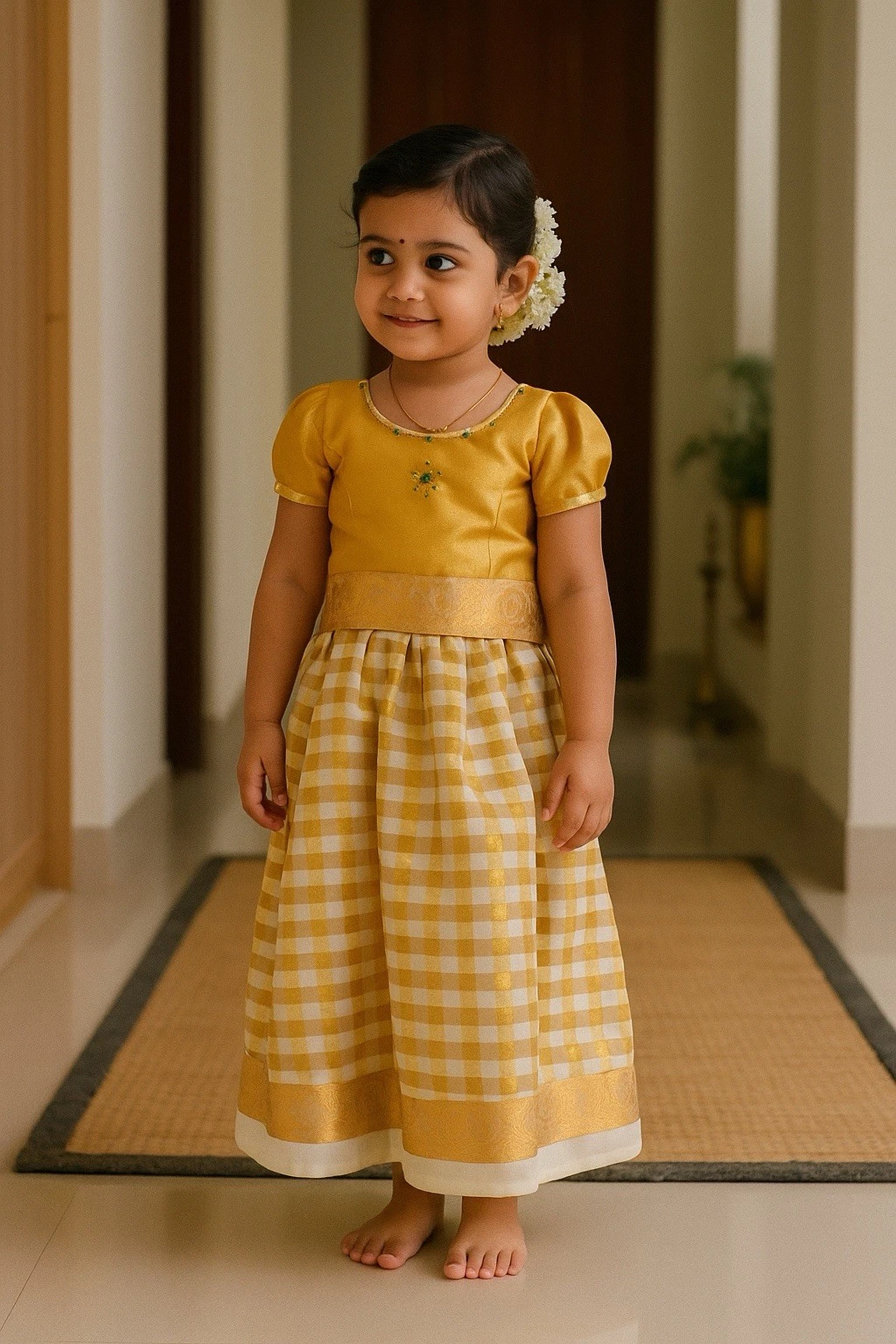 Girls Onam Pattu Pavadai Set Silk Look Blouse Skirt Traditional Festive Wear
Opens in a new window o