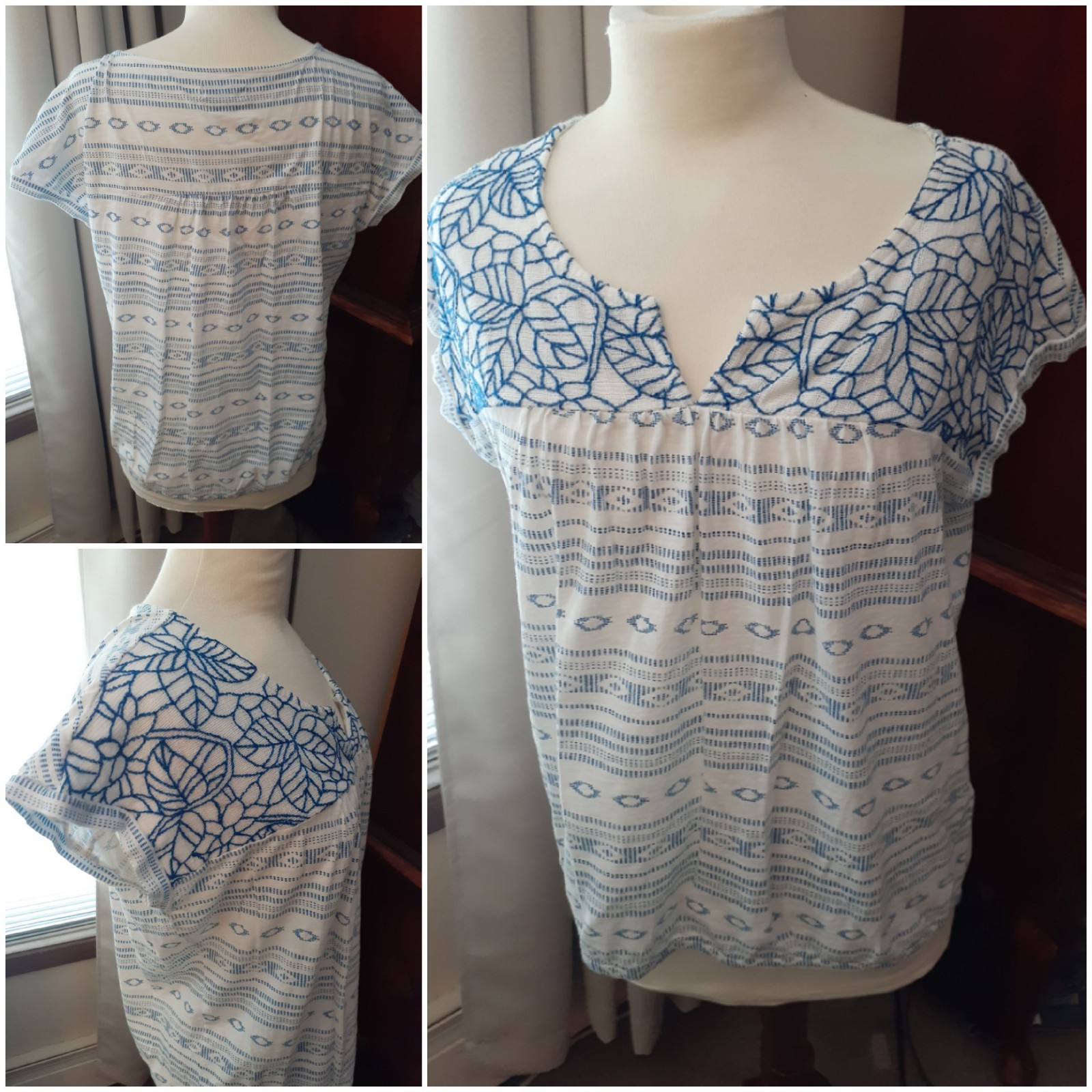 Lucky Brand Embroidered Shirt White Blue Cap Sleeves Boho Geo Size XL