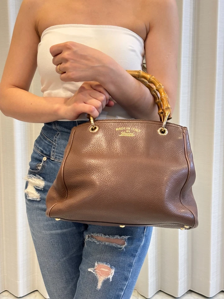 GUCCI Bamboo Shopper Small Tote Handbag Leather 50th Anniversary Floral Lining - Image 4 of 4