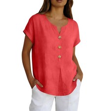 Womens Ladies Summer Short Sleeve Casual Loose Holiday Shirts V Neck Tops Blouse