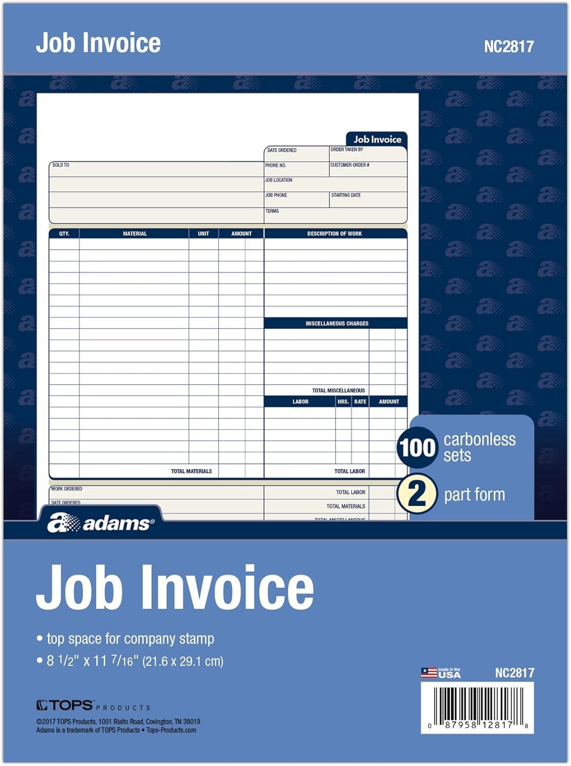 Adams Job Invoice Forms, 2-Part Carbonless, For 8-1/2 x 11 inches, White 