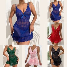 Black Red Green Sheer Lace Bodysuit Lingerie Dress Sleeveless Nightwear