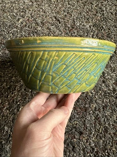 Antique Yelloware Stoneware Green Asparagus Pattern Mixing Bowl 8”