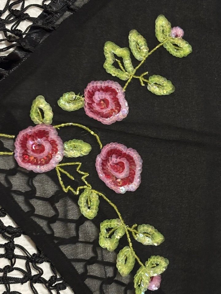 Vintage Fringed & Sequin embroidered Triangle Sheer Shawl - Image 3 of 4