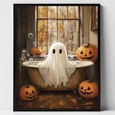 Cute Ghost in Bathtub Halloween Digital Print, Pumpkin Wall Art, Spooky Fall Art