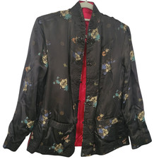Vtg 1949 Reversible Chinese Silk Jacket M Red Black Floral Embroidered Tang