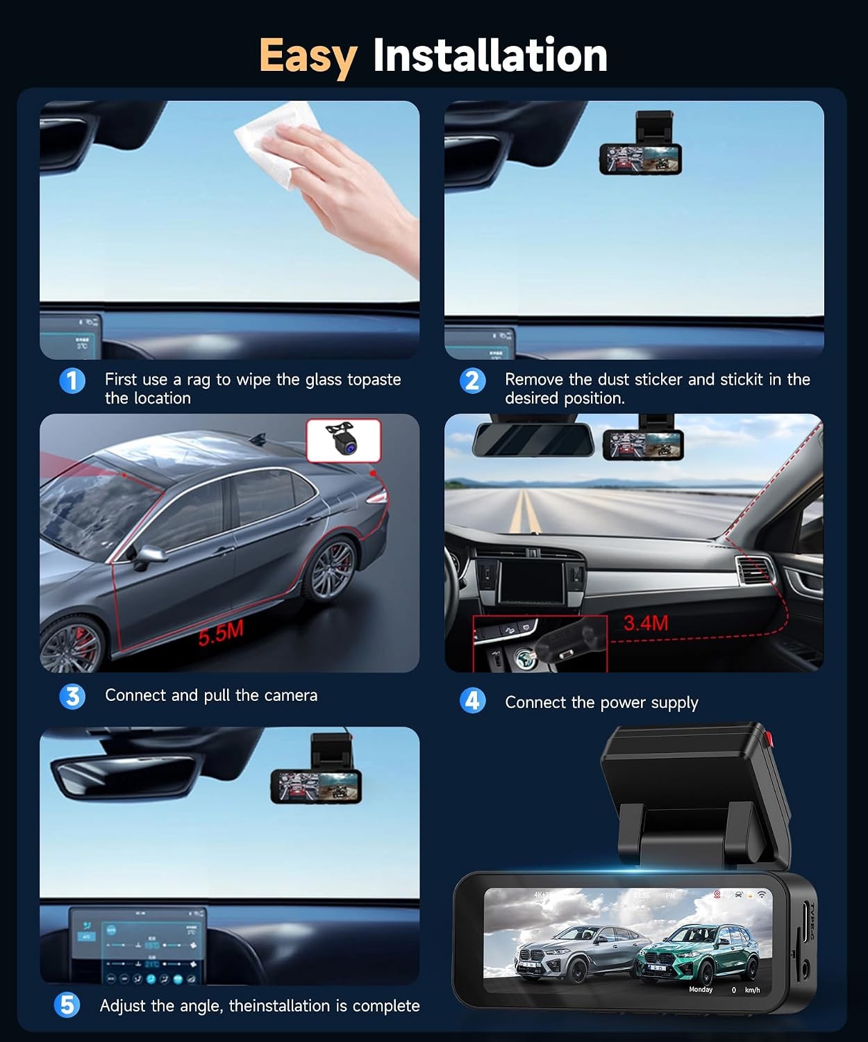 Vechtel 4k+2k Dashcam Auto Anteriore Posteriore con WIFI 5.8g+2.4g, 2*telecamera - Miniatura 8