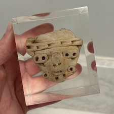 Authentic Pre Columbian Pottery Effigy Fragment Encased In Lucite Cube 3.5&rdquo;