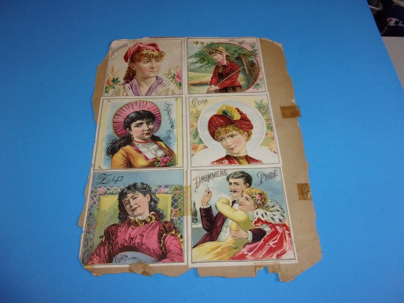 VINTAGE 1880s CIGAR BOX LABELS LOT ON SCRAPBOOK PAGE, COLOR LITHOGRAPHY