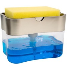 Dish Soap Dispenser and Sponge Holder for Kitchen Sink Metallic Silver