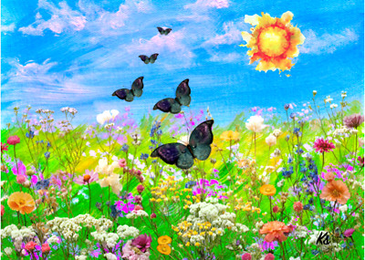 Butterfly Field ACEO - Flower Meadow Artist Trading Card, 2.5x3.5 Miniature Art