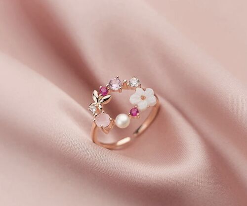 Anthropologie Flower Ring 7 Flower Pink Crystal Pearl Gold Rose CZ Butterfly - Picture 2 of 6