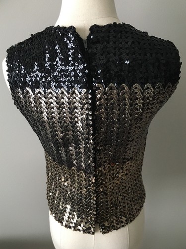 Vtg Art Deco Sequin Embellished Sleeveless Top Black Silver Zip Up Back Sz 10 - Picture 4 of 11