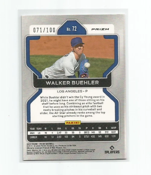 WALKER BUEHLER (Dodgers) 2022 PANINI PRIZM ORANGE PRIZM CARD #72 & #71/100 - Image 2 of 2
