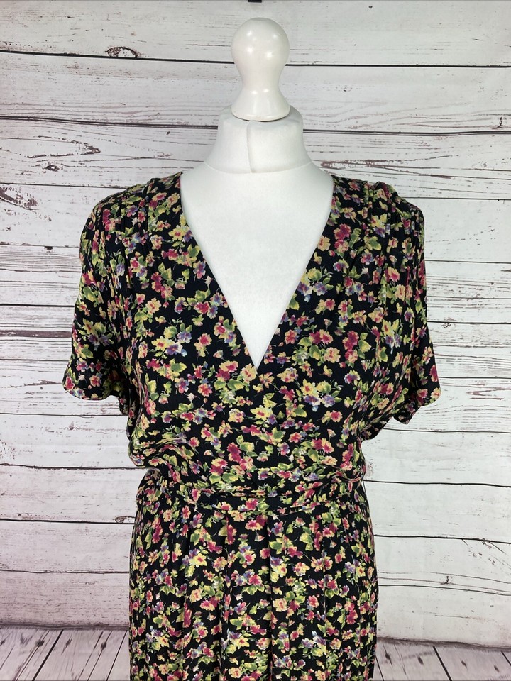 Jigsaw Tea Dress 16 Black Floral Knee Length Short Sleeves Wrap Effect