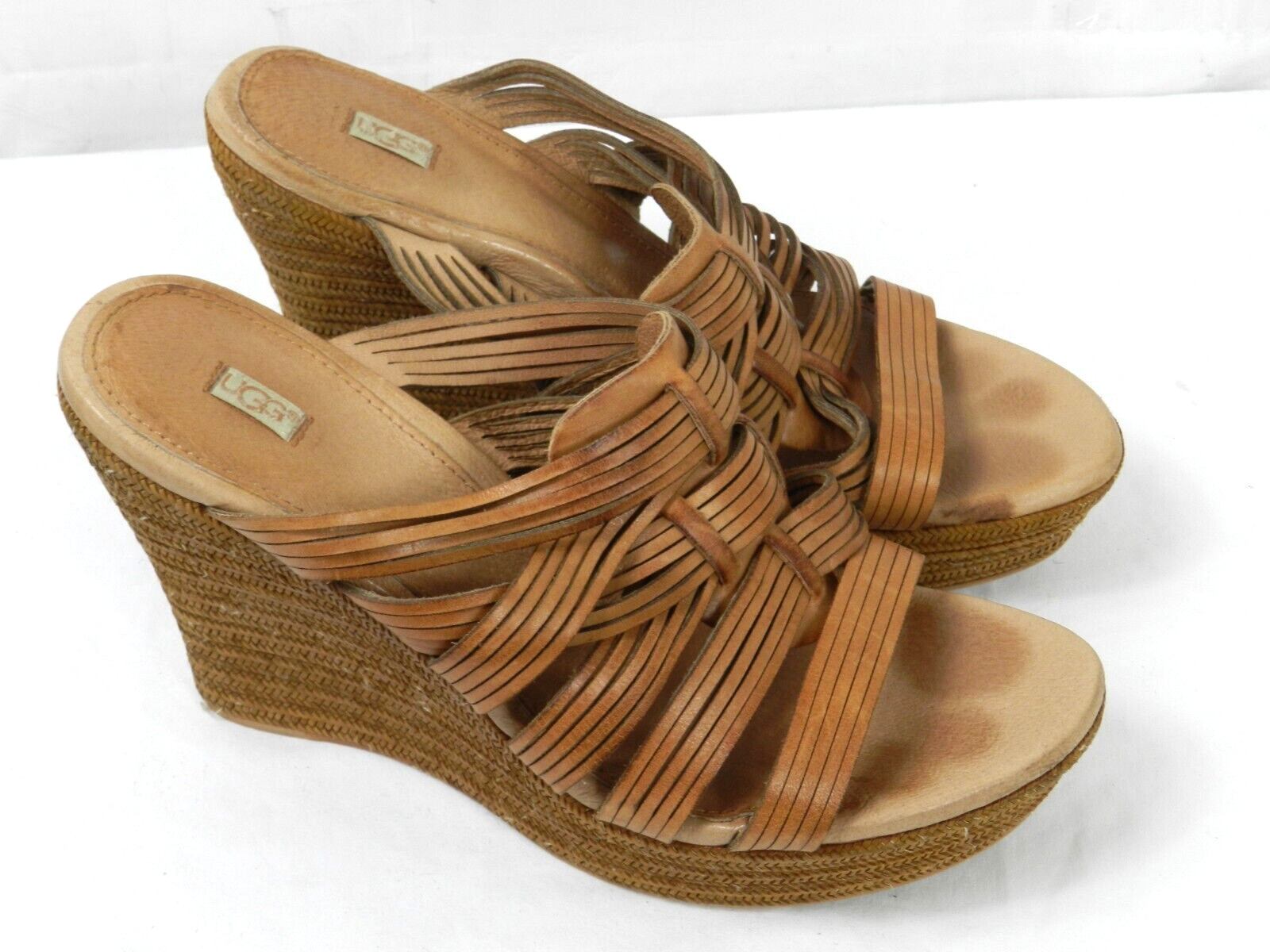 UGG Sandals Womens 9 Wedge Heels Brown Leather Slip On Gem