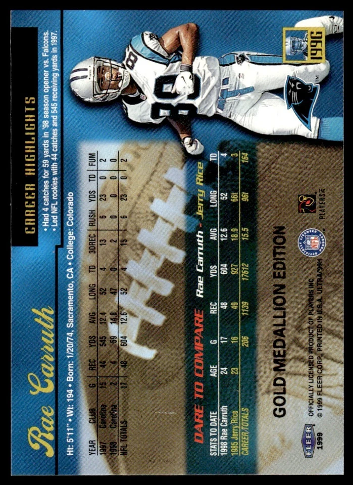 1999 Ultra Gold Medallion Rae Carruth Carolina Panthers #11 R154 - Image 2 of 2