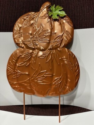 Double Metal Pumpkin Yard Stake Rustic Burnt Orange 18'' tall