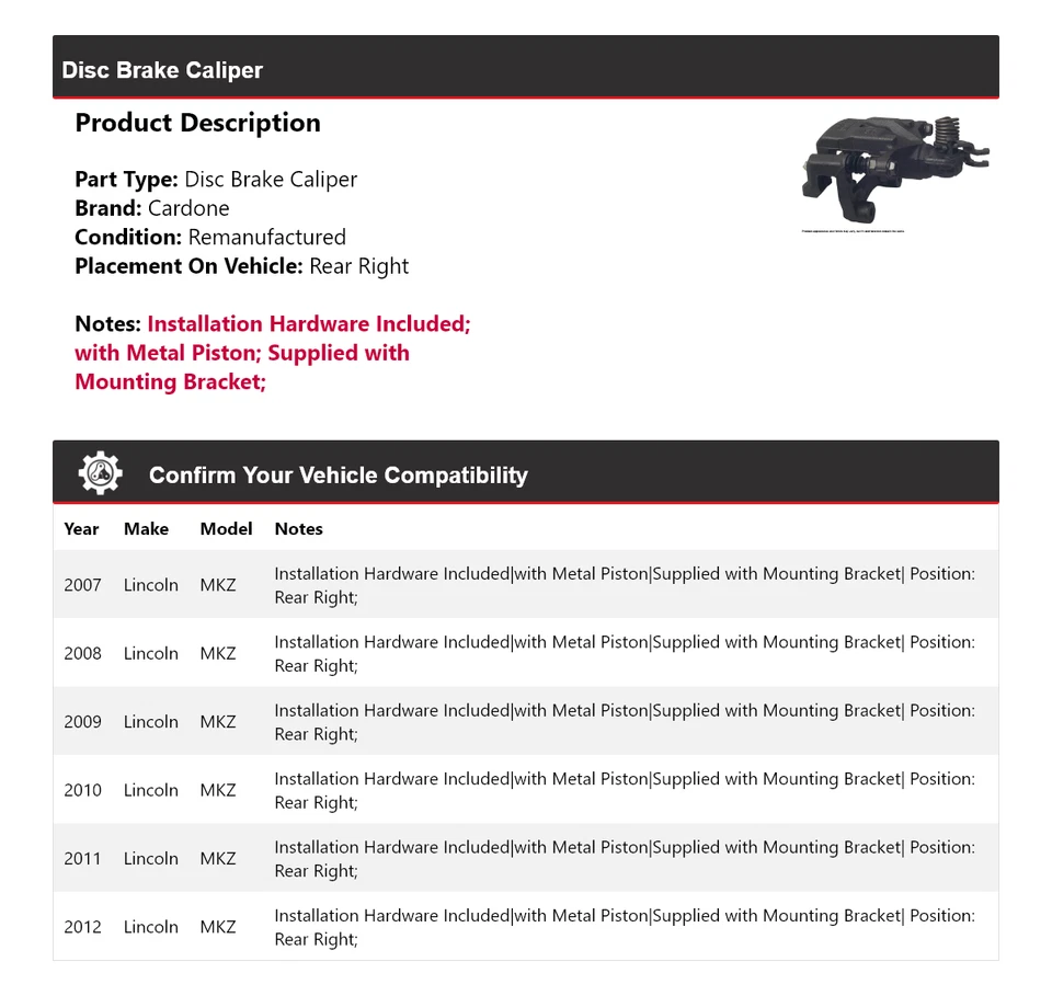 Pinça de freio a disco traseira direita Cardone 2008 2009 2010 para 2007-2012 Lincoln MKZ - Imagem 2 de 4