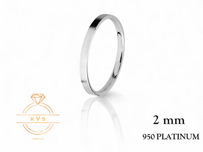 950 Platinum Solid FLAT 2mm Wedding Band Ring - Comfort Fit Matte Brushed New
