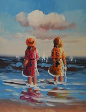 Tableau Peinture Huile sur toile: Paysage, jeux sable plage, deux enfants 20X25